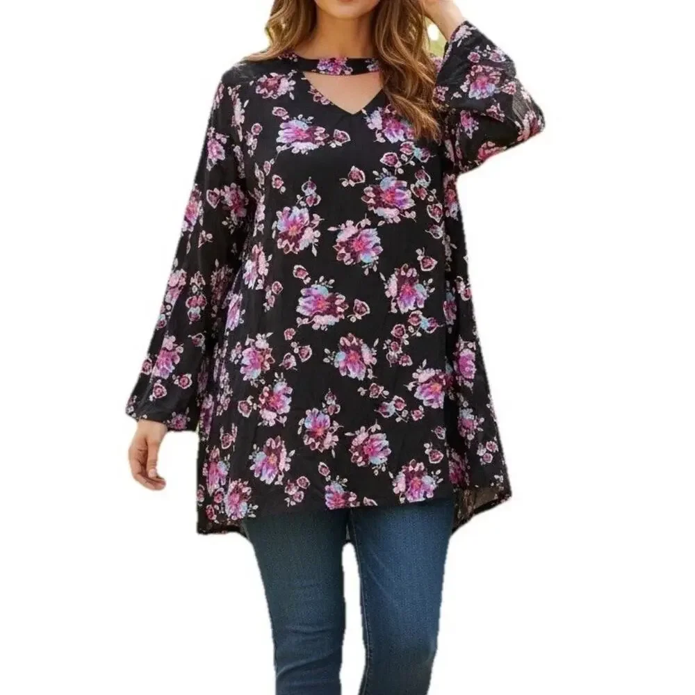 Lane Bryant NEW Floral Keyhole Tunic Womens Size 22 Petite Black Multicolor Top